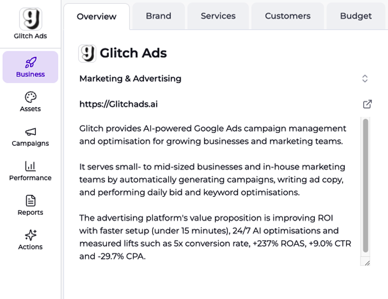 The platform reading a business back from its website, with tabs for brand, services, customers and budget.