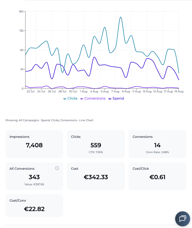 The performance view: a month of clicks, conversions and spend charted, with cost per conversion beneath.